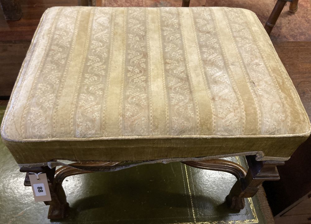 A walnut and oak stool, 17th century and later, width 56cm, depth 40cm, height 41cm